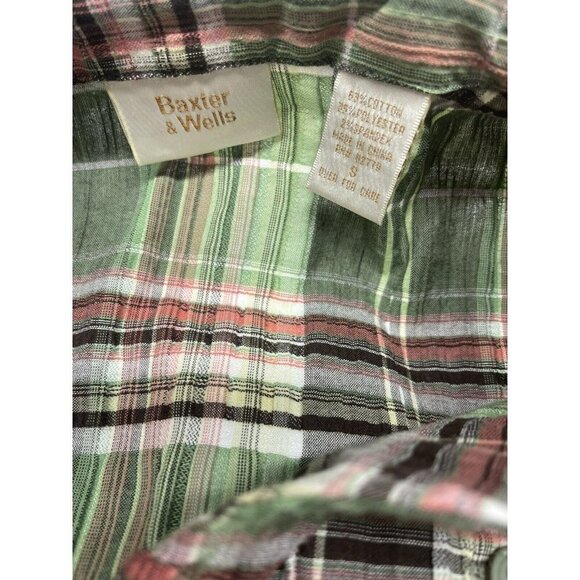 Baxter & Wells Small NWT Plaid Button Front Blouse Green Pink Short Sleeve Top - Picture 9 of 10